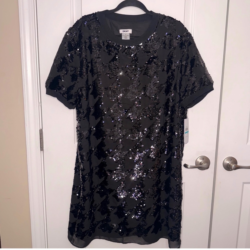 DKNY Black Sequin Sheer Dress Size 16 NWT Evening Party Cocktail Glam Top
